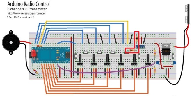 ArduinoRC Fritzing diagram, highlighting resistors R1 and R2